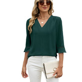 ASKSA Women's Solid Color V-Neck Chiffon Blouse with Lace Trim and Bell Sleeves Work Shirt