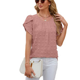 ASKSA Women's Summer Chiffon Top — Solid Color Breathable Round Neck Petal Sleeves and Pom-Pom Accents
