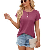 ASKSA Women's Summer Solid-Color Crew Neck Loose-Fit Short-Sleeve T-Shirt — Pullover Style with Button Detail