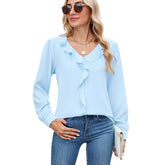 ASKSA women's long-sleeved ruffled V-neck summer elegant solid color loose chiffon shirt