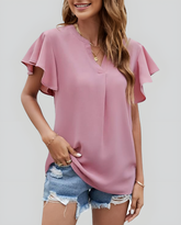 ASKSA Women's Shirt Chiffon Elegant V-neck Ruffle Summer Short Sleeve Loose Solid Color Basic Tops Casual Tunic Tops