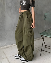 ASKSA Damen Cargohose Baggy Weites Bein Hose Y2K Track Pants Vintage Elastische Hohe Taille Freizeithose mit Taschen