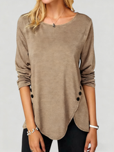 ASKSA Women's Round Neck Button Long Sleeve Solid Color T-shirt Loose Tunic Top