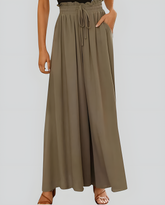 ASKSA women's wide-leg pants summer high waist pleated pants elegant solid color light pants skirt summer pants