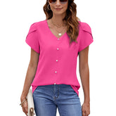 ASKSA Women's Spring/Summer Solid Color V-Neck Short-Sleeve Loose Chiffon Pearl Top Casual Solid Color Office Work Top