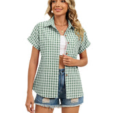 ASKSA Women's Spring/Summer Plaid Pocket Collared Shirt Short-Sleeved Button-Down Cardigan Workwear