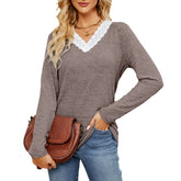 Spring solid color V-neck loose casual long-sleeved T-shirt top
