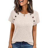 ASKSA Women's Spring/Summer Striped Crew Neck Raglan Sleeve Short-Sleeve T-Shirt with Button Detail