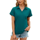 ASKSA women's solid color lapel short-sleeved T-shirt is soft and comfortable for daily wear