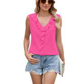ASKSA Women's Chiffon Blouse Sleeveless V-Neck Pleated Ruffles Loose-Fit Top Comfortable Casual and Cool Summer Wear
