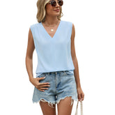ASKSA Women's Summer Solid Color Chiffon Loose-Fit V-Neck Sleeveless Top