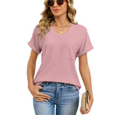ASKSA Damen Sommer-T-Shirt – Locker geschnitten V-Ausschnitt Kurzarm mit Tasche