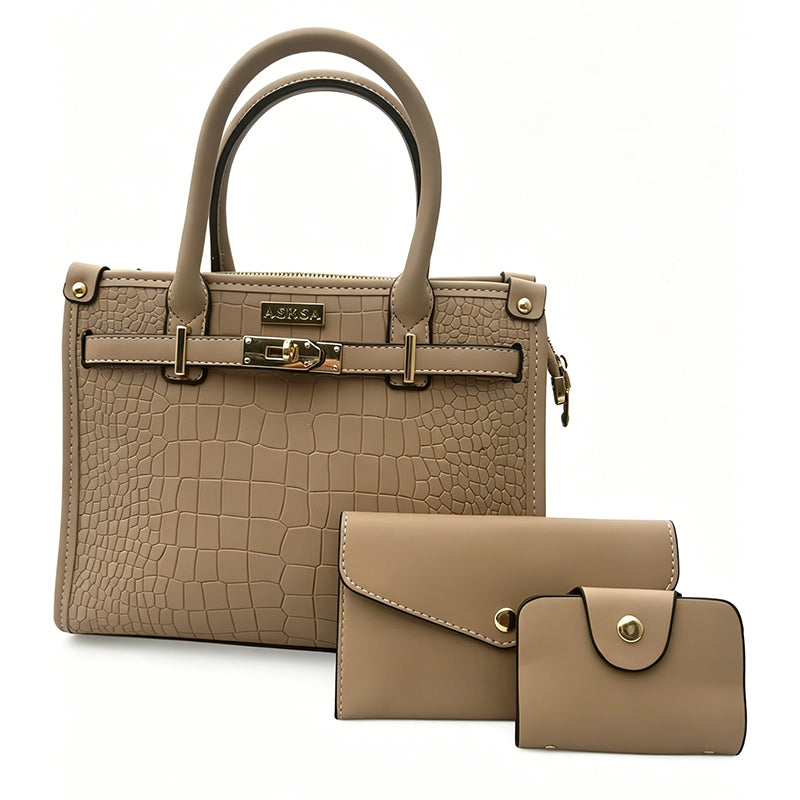 ASKSA Solid-Color Stone-Grain Mother-Daughter Handbag Set