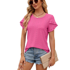 ASKSA Women's Summer Solid Color Crew Neck Petal-Sleeve Short-Sleeve T-Shirt