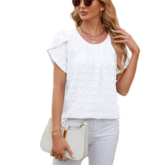 ASKSA Women's Summer Chiffon Top — Solid Color Breathable Round Neck Petal Sleeves and Pom-Pom Accents