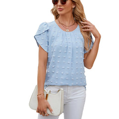 ASKSA Women's Summer Chiffon Top — Solid Color Breathable Round Neck Petal Sleeves and Pom-Pom Accents