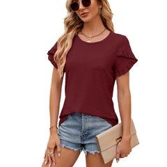 ASKSA Women's Summer Solid Color Crew Neck Petal-Sleeve Short-Sleeve T-Shirt