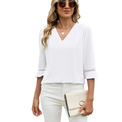 ASKSA Women's Solid Color V-Neck Chiffon Blouse with Lace Trim and Bell Sleeves Work Shirt