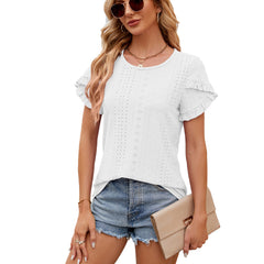ASKSA Women's Summer Solid Color Crew Neck Petal-Sleeve Short-Sleeve T-Shirt