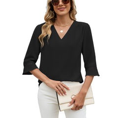 ASKSA Women's Solid Color V-Neck Chiffon Blouse with Lace Trim and Bell Sleeves Work Shirt