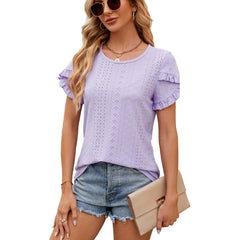 ASKSA Women's Summer Solid Color Crew Neck Petal-Sleeve Short-Sleeve T-Shirt