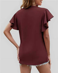 ASKSA Women's Shirt Chiffon Elegant V-neck Ruffle Summer Short Sleeve Loose Solid Color Basic Tops Casual Tunic Tops