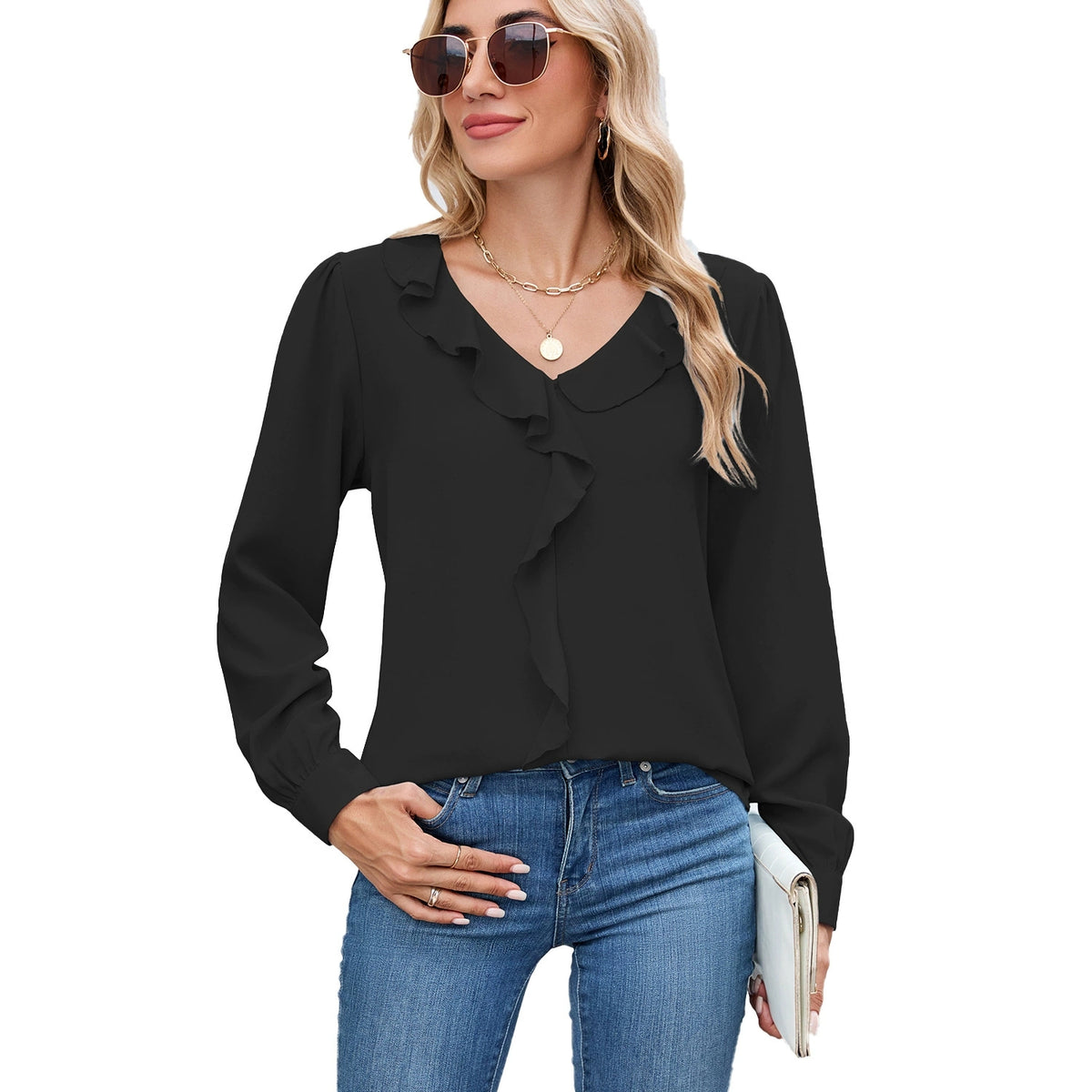 ASKSA women's long-sleeved ruffled V-neck summer elegant solid color loose chiffon shirt