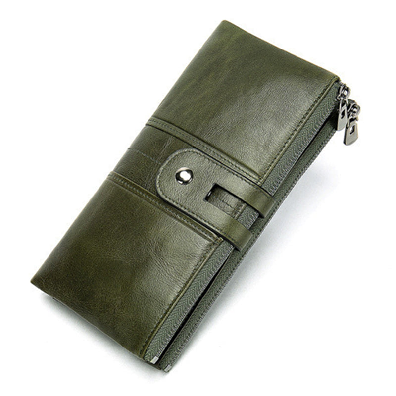 ASKSA Women's Leather Folding Slim Wallet with RFID Anti-theft Design Large Capacity Double Zipper Pockets