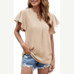 ASKSA Women's Shirt Chiffon Elegant V-neck Ruffle Summer Short Sleeve Loose Solid Color Basic Tops Casual Tunic Tops