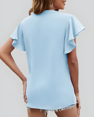 ASKSA Women's Shirt Chiffon Elegant V-neck Ruffle Summer Short Sleeve Loose Solid Color Basic Tops Casual Tunic Tops