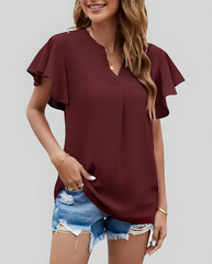 ASKSA Women's Shirt Chiffon Elegant V-neck Ruffle Summer Short Sleeve Loose Solid Color Basic Tops Casual Tunic Tops