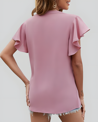 ASKSA Women's Shirt Chiffon Elegant V-neck Ruffle Summer Short Sleeve Loose Solid Color Basic Tops Casual Tunic Tops