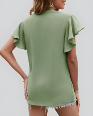 ASKSA Women's Shirt Chiffon Elegant V-neck Ruffle Summer Short Sleeve Loose Solid Color Basic Tops Casual Tunic Tops