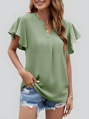 ASKSA Women's Shirt Chiffon Elegant V-neck Ruffle Summer Short Sleeve Loose Solid Color Basic Tops Casual Tunic Tops