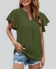 ASKSA Women's Shirt Chiffon Elegant V-neck Ruffle Summer Short Sleeve Loose Solid Color Basic Tops Casual Tunic Tops