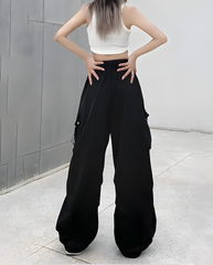 ASKSA Damen Cargohose Baggy Weites Bein Hose Y2K Track Pants Vintage Elastische Hohe Taille Freizeithose mit Taschen