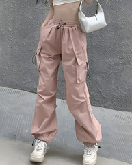 ASKSA Damen Cargohose Baggy Weites Bein Hose Y2K Track Pants Vintage Elastische Hohe Taille Freizeithose mit Taschen