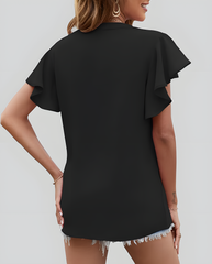 ASKSA Women's Shirt Chiffon Elegant V-neck Ruffle Summer Short Sleeve Loose Solid Color Basic Tops Casual Tunic Tops