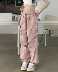ASKSA Damen Cargohose Baggy Weites Bein Hose Y2K Track Pants Vintage Elastische Hohe Taille Freizeithose mit Taschen