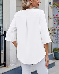 ASKSA Women's T-Shirt 3/4 Sleeves Ruffle Blouse V Neck Summer Elegant Solid Loose Waist Shirt Tops