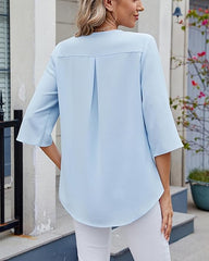 ASKSA Women's T-Shirt 3/4 Sleeves Ruffle Blouse V Neck Summer Elegant Solid Loose Waist Shirt Tops