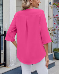 ASKSA Women's T-Shirt 3/4 Sleeves Ruffle Blouse V Neck Summer Elegant Solid Loose Waist Shirt Tops