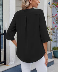 ASKSA Women's T-Shirt 3/4 Sleeves Ruffle Blouse V Neck Summer Elegant Solid Loose Waist Shirt Tops