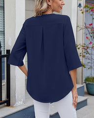 ASKSA Women's T-Shirt 3/4 Sleeves Ruffle Blouse V Neck Summer Elegant Solid Loose Waist Shirt Tops