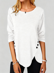 ASKSA Women's Round Neck Button Long Sleeve Solid Color T-shirt Loose Tunic Top