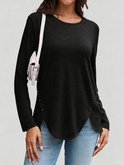 ASKSA Women's Round Neck Button Long Sleeve Solid Color T-shirt Loose Tunic Top