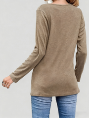 ASKSA Women's Round Neck Button Long Sleeve Solid Color T-shirt Loose Tunic Top