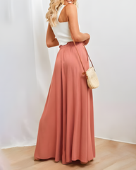 ASKSA women's wide-leg pants summer high waist pleated pants elegant solid color light pants skirt summer pants