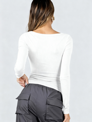 ASKSA Women's T-Shirt Slim Fit Y2K Long Sleeve Top Sexy Round Neck Crop Top Basic T-Shirt