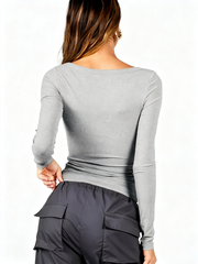 ASKSA Women's T-Shirt Slim Fit Y2K Long Sleeve Top Sexy Round Neck Crop Top Basic T-Shirt